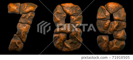 Set of rocky numbers 7, 8, 9. Font of stone on black background. 3d 71910505