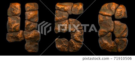 Set of rocky numbers 4, 5, 6. Font of stone on black background. 3d 71910506