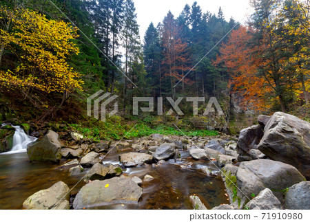 Carpathians. Skole. Suspension bridge over a mountain river. 71910980