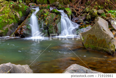 Carpathians. Skole. Waterfall on a mountain river. 71910981