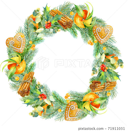 Watercolor christmas frame. Watercolor Christmas wreath with fir branches and place for text. Watercolor christmas frame. Watercolor Christmas wreath with fir branches and place for text. 71911031