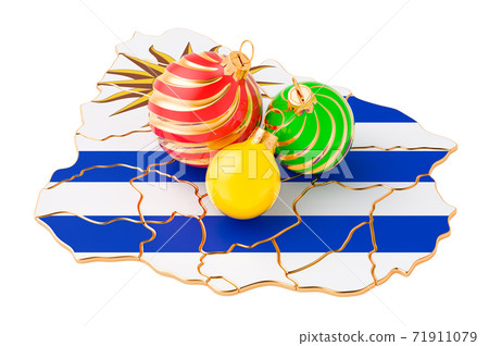 Uruguayan map with colored Christmas balls. New Year and Christmas holidays concept, 3D rendering Uruguayan map with colored Christmas balls. New Year and Christmas holidays concept, 3D rendering 71911079