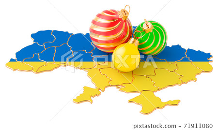 Ukrainian map with colored Christmas balls. New Year and Christmas holidays concept, 3D rendering Ukrainian map with colored Christmas balls. New Year and Christmas holidays concept, 3D rendering 71911080