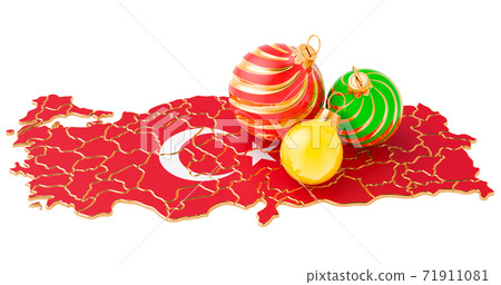 Turkish map with colored Christmas balls. New Year and Christmas holidays concept, 3D rendering Turkish map with colored Christmas balls. New Year and Christmas holidays concept, 3D rendering 71911081