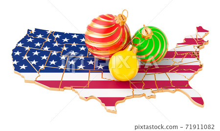 The United States map with colored Christmas balls. New Year and Christmas holidays concept, 3D rendering The United States map with colored Christmas balls. New Year and Christmas holidays concept, 3D rendering 71911082