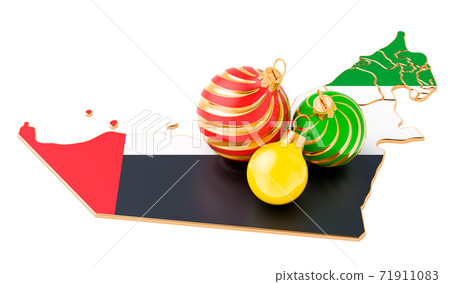 the UAE map with colored Christmas balls. New Year and Christmas holidays concept, 3D rendering the UAE map with colored Christmas balls. New Year and Christmas holidays concept, 3D rendering 71911083