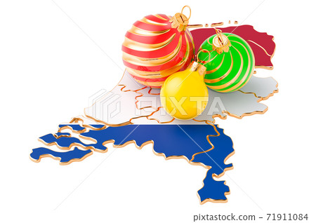 The Netherlands map with colored Christmas balls. New Year and Christmas holidays concept, 3D rendering The Netherlands map with colored Christmas balls. New Year and Christmas holidays concept, 3D rendering 71911084