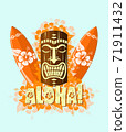 Vector illustration of orange tiki mask with surf boards 71911432