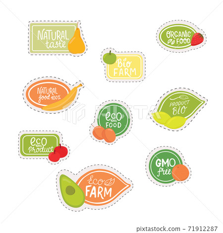 Set stickers for natural, organic fruits with... - Stock Illustration ...