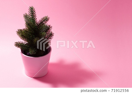 Small decorative Christmas tree on a pink background. 71912556