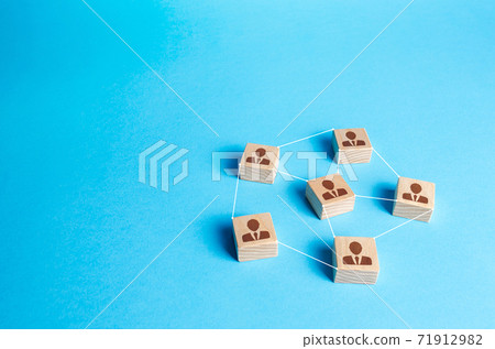Figures blocks of people connected by lines on a blue background. Communication and interaction, building business relationships. Team building, distribution of responsibilities. Employee network 71912982