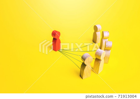 Red man connected by lines with people. Personnel management. subordination. Leadership skills. Mediator between people. Representative of interests. Education, exchange of experience. 71913004