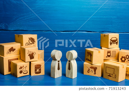 People figures conducting business negotiations and boxes. Trade goods and services, business process. Barter. Economy. Production and retail of products. Transportation, logistics and distribution. 71913243