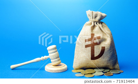 Turkish lira money bag and judge's gavel. Litigation, dispute resolution, conflict of interest settlement. Protection rights. Justice. Lawyer services. Awarding moral financial compensation. 71913404