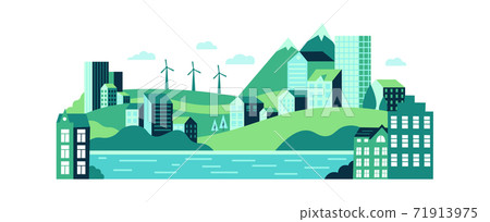 Eco urban city landscape with buildings, hills and mountains. Sustainable energy supply with windmills 71913975