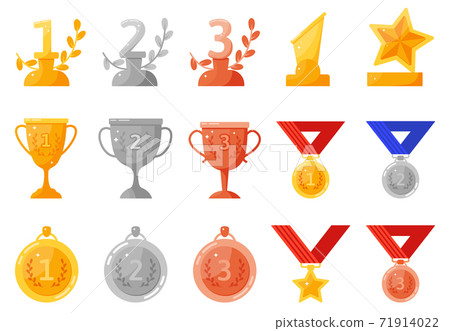 Trophy medals and cups. Gold, silver, bronze rewards, competition achievement, first, second, third place winning prize vector symbols set 71914022