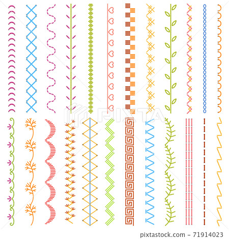 Sewing stitches. Embroidery stitches borders, detailed thread stitch, fabric embellishment pattern. Sewing seams ornament vector illustration set 71914023