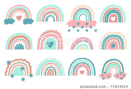 Cute rainbows. Doodle nursery rainbow with clouds, childish scandinavian elements for wrapping or fabric. Lovely rainbows vector illustrations 71914024