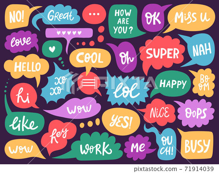 Doodle conversation clouds. Dialogue chat bubbles with small talk phrases, think or talk clouds. Hand drawn speech bubbles vector symbols set Doodle conversation clouds. Dialogue chat bubbles with small talk phrases, think or talk clouds. Hand drawn speech bubbles vector symbols set 71914039