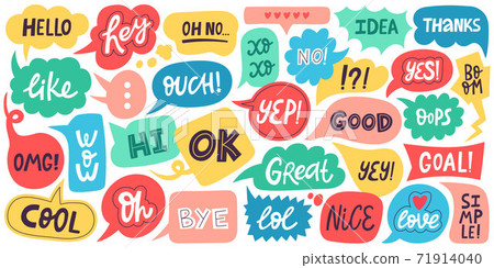 Dialogue speech bubbles. Chat balloons, small talk frames, conversation clouds with greeting phrases. Dialogue chat bubbles vector symbols Dialogue speech bubbles. Chat balloons, small talk frames, conversation clouds with greeting phrases. Dialogue chat bubbles vector symbols 71914040