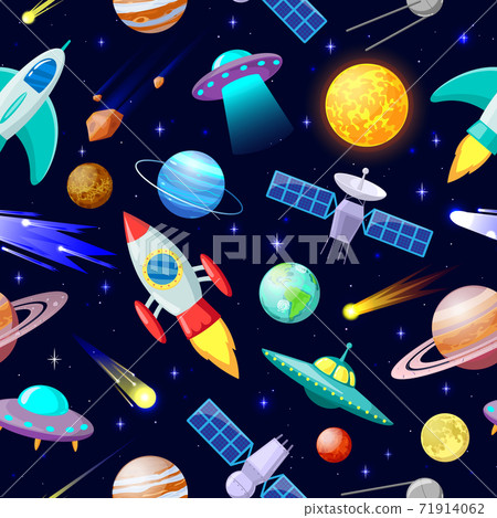 Cartoon space pattern. Astronomical planets and spacecraft ship, astronomy stars, comets and celestial bodies. Galaxy elements vector illustration 71914062