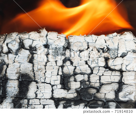 burned wooden log with ashes texture 71914810