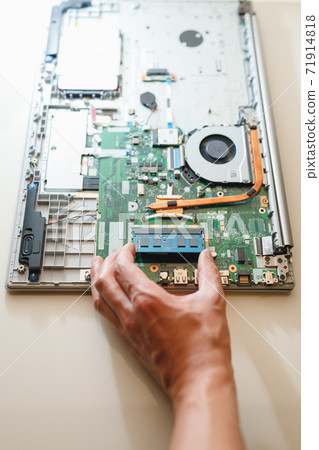 hand of repairman holding a ram sodimm memory module, laptop upgrade hand of repairman holding a ram sodimm memory module, laptop upgrade 71914818
