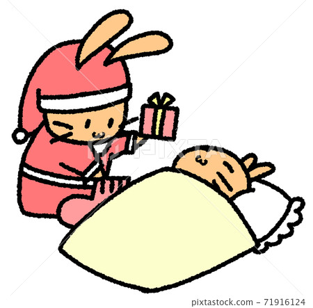 聖誕老人（棕色），將禮物放在睡覺的小兔子的襪子裡的兔子 71916124