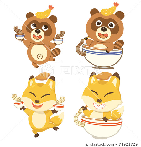 An illustration set of raccoon dogs and foxes who love soba and udon. No line. 71921729