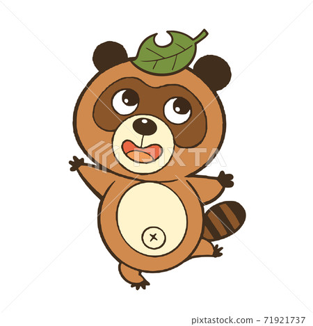 與葉子的快樂的tanuki在他的頭。有一條線。 71921737