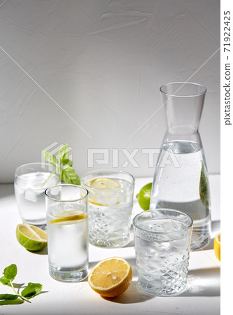 glasses with lemon water and peppermint on table glasses with lemon water and peppermint on table 71922425