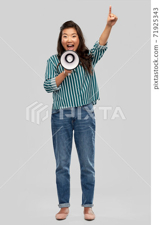 asian woman speaking to megaphone asian woman speaking to megaphone 71925343