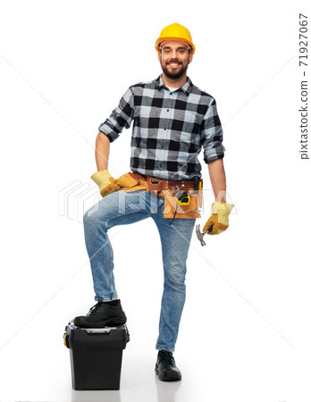happy worker or builder in helmet with tool box happy worker or builder in helmet with tool box 71927067