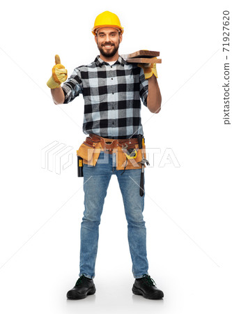 worker or builder with boards showing thumbs up 71927620