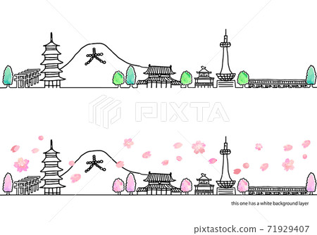 Simple handwritten spring Kyoto cityscape line art set / pink Simple handwritten spring Kyoto cityscape line art set / pink 71929407