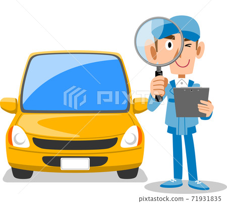 Auto mechanic and car with magnifying glass and paperwork 71931835