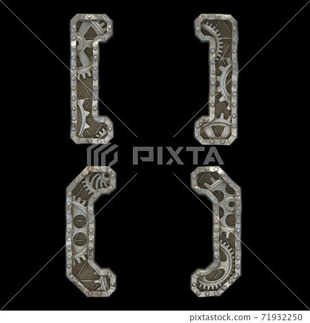 Mechanical alphabet made from rivet metal with gears on black background. Set of symbols left and right square bracket, left and right parentheses. 3D Mechanical alphabet made from rivet metal with gears on black background. Set of symbols left and right square bracket, left and right parentheses. 3D 71932250