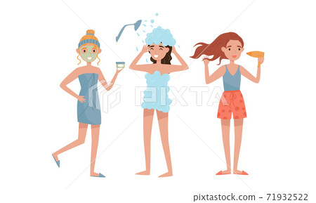 Young Female Having Shower, Drying Hair and Applying Face Mask Vector Illustration Set 71932522
