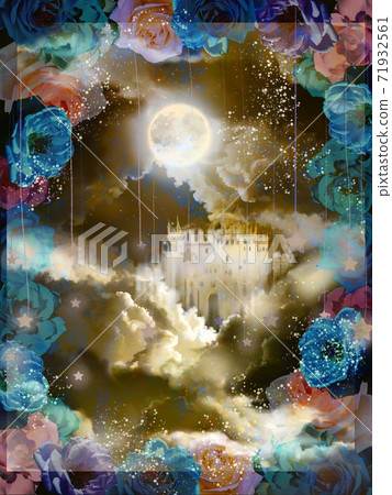 山水畫幻想插圖夜空與雲彩和滿月在玫瑰框架 71932561