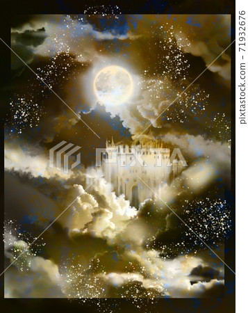 在夜空中閃閃發光的樹木，滿月，雲層和西方城堡的山水畫 71932676