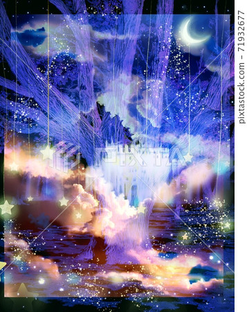 山水畫，樹木，新月形的月亮和夜空的雲彩以及西方城堡 71932677