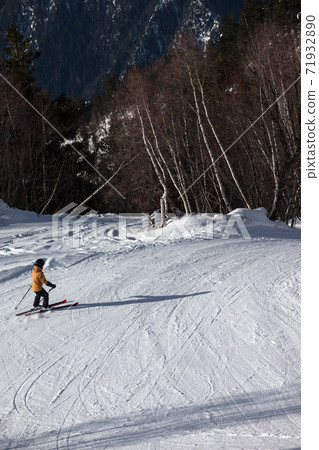 Skier descent on snowy ski slope in forest at sun winter day Skier descent on snowy ski slope in forest at sun winter day 71932890