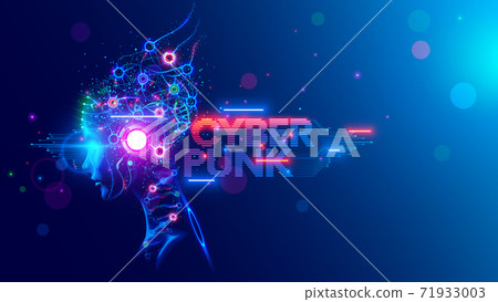 AI. Woman Cyborg head with artificial neural networks brain. Neon cyberpunk word in style 80th. Female robot face with computer artificial intelligence. Electronic Technology banner in 80th cyberpunk AI. Woman Cyborg head with artificial neural networks brain. Neon cyberpunk word in style 80th. Female robot face with computer artificial intelligence. Electronic Technology banner in 80th cyberpunk 71933003