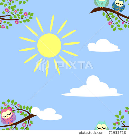 Cute colorful floral seamless pattern with owl... - Stock Illustration ...