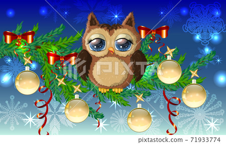 Lovely cartoon owl tangled in a garland of glowing light bulbs on a spruce branch decorated with balls, garlands. Christmas card 71933774