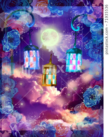 Rose frame and starry night sky and colorful lamp background Rose frame and starry night sky and colorful lamp background 71935536