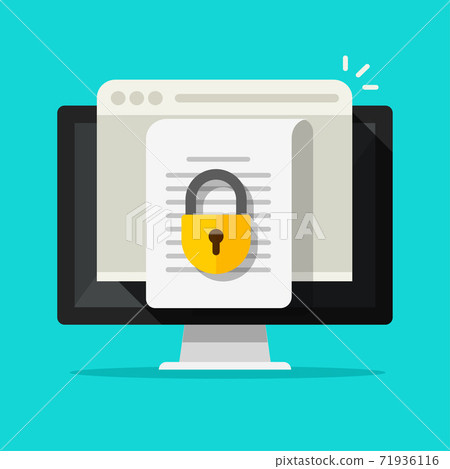 Locked access to document file online vector flat icon, confidential secure special permission on computer pc illustration, digital internet privacy protection modern design 71936116