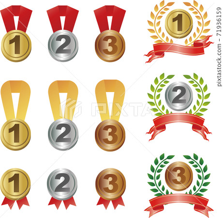 Ribbon medal laurel victory image illustration material set 71936159