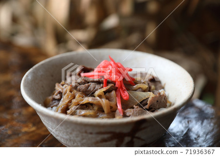 Gyudon Japanese beef rice bowl in close up Japanese local food Gyudon Japanese beef rice bowl in close up Japanese local food 71936367