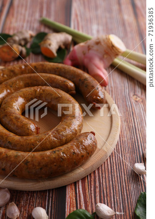 Local Northern Thai food , Northern Thai spicy sausage street food isolated in white background Local Northern Thai food , Northern Thai spicy sausage street food isolated in white background 71936385
